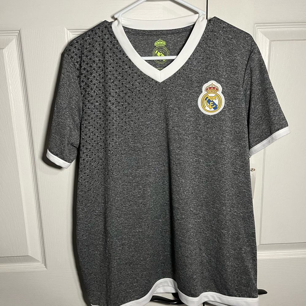 Real Madrid Gray V-Neck Soccer Jersey with Emblem